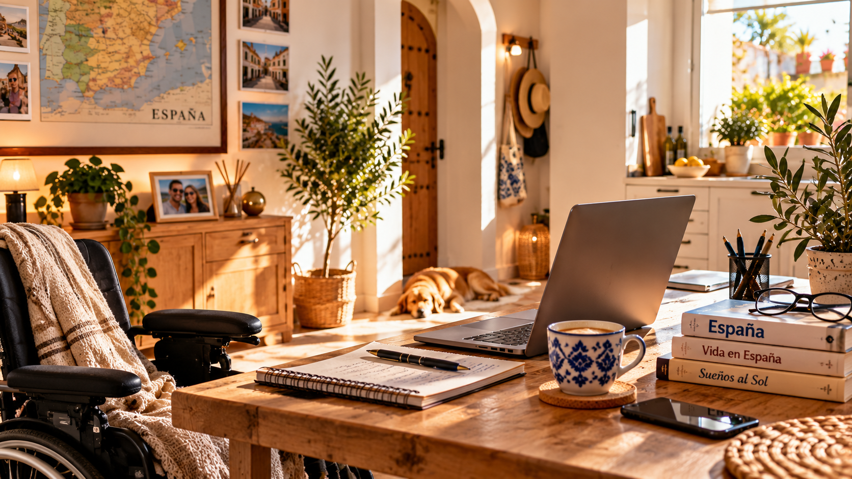 Ljust spanskt hemmakontor med arbetsbord, laptop och hund i solen